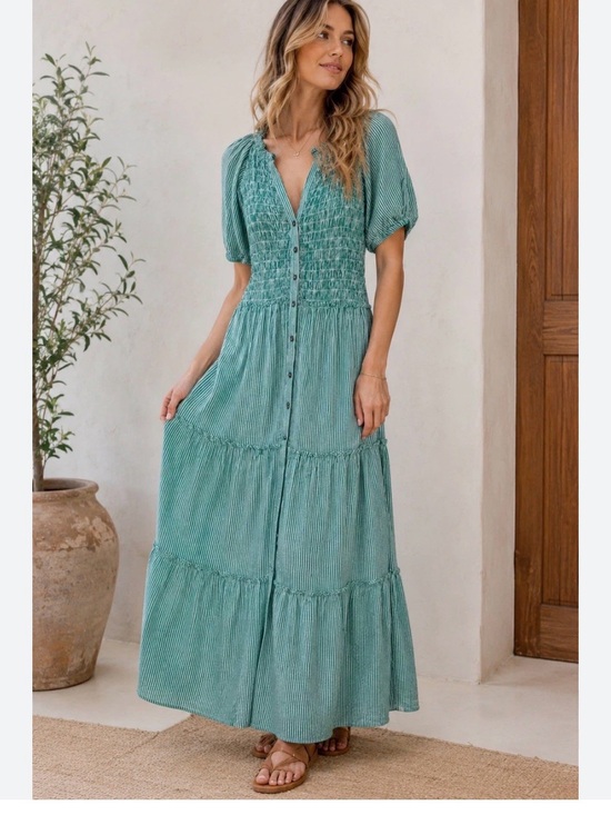 Sundance Dresses & Skirts - Sundance Topsail Tiered Green Striped Maxi Dress XXL Cottagecore Boho Resortwear